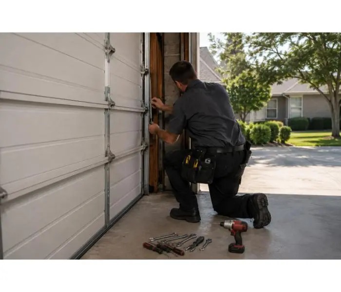 Technician repairing an older garage door in Rossford