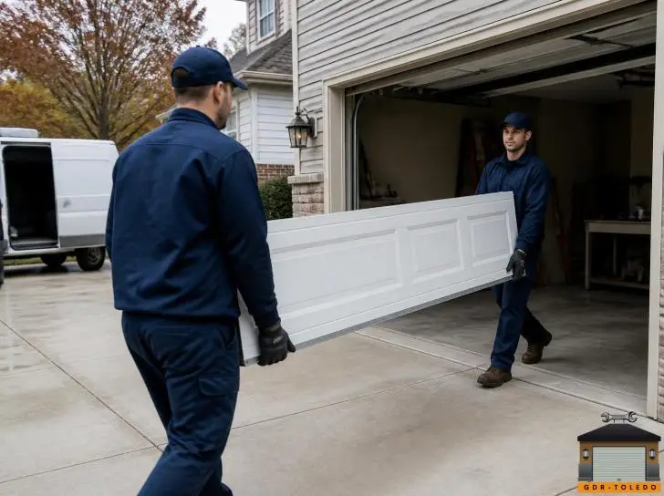 technicians placing garage door panel