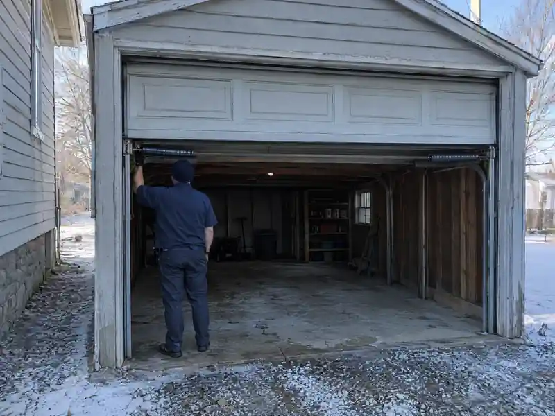 Extension spring with a safety cable on an older detached garage in Holland