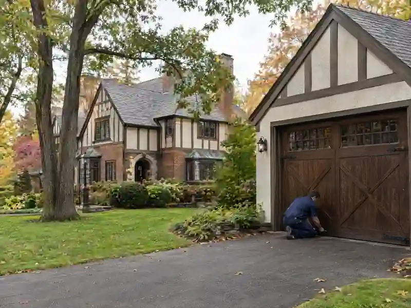 Wood carriage house garage door repair on an older home in Ottawa Hills, Ohio