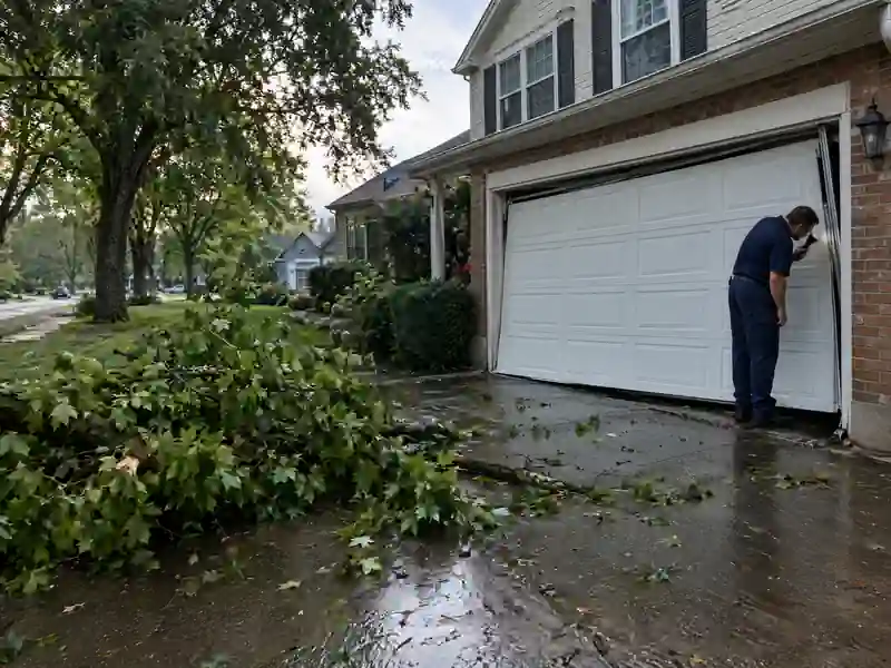 Garage door off track after a storm in Sylvania, Ohio