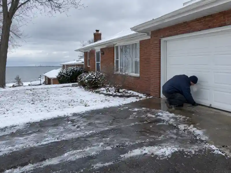 Winter garage door bottom seal repair in a Toledo neighborhood