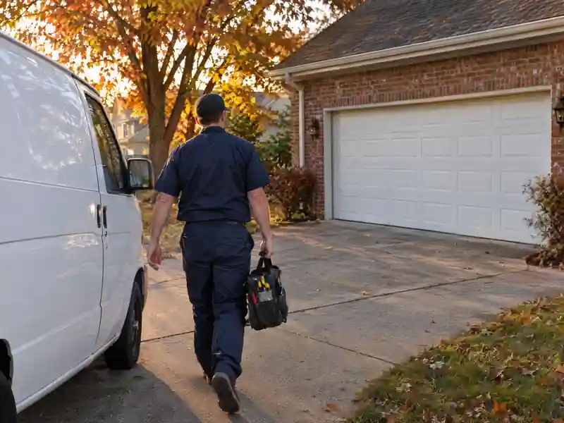 Garage door repair technician arriving at a home in the Toledo, Ohio service area