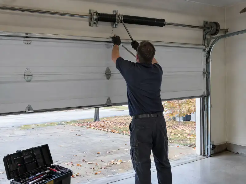 Technician adjusting a garage door torsion spring in Holland, Ohio